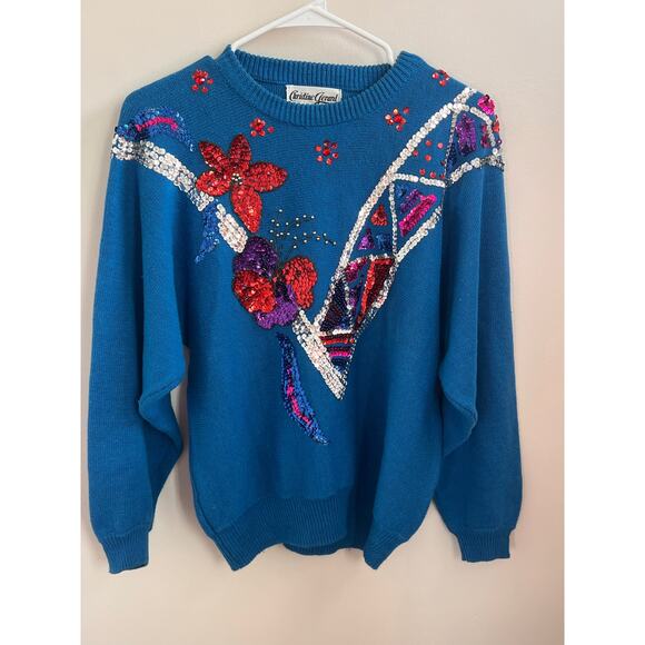 Vintage 80s sequin sweater size medium blue Christine Gerard - Picture 1 of 9